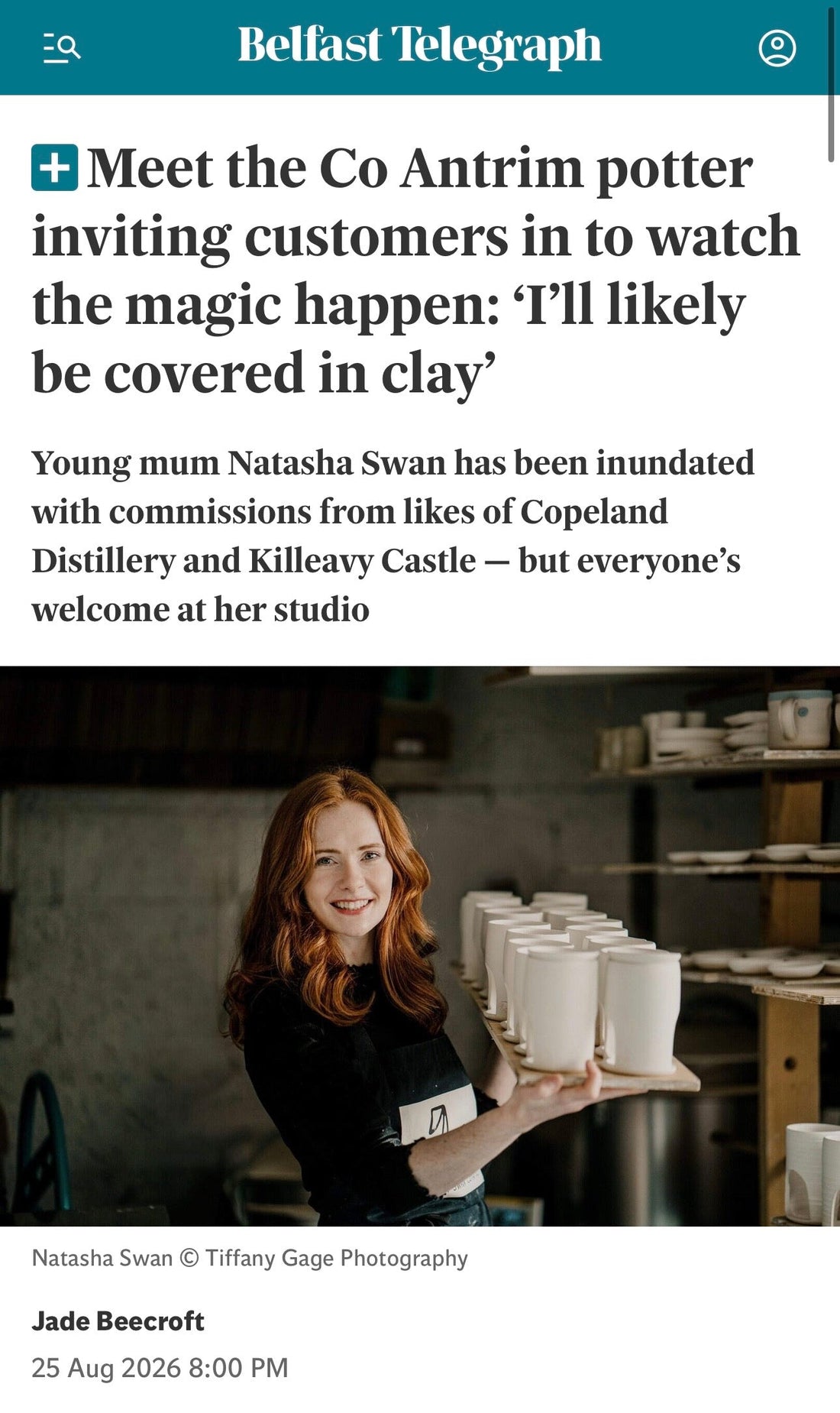 Natasha Swan Ceramics Featured in Belfast Telegraph Sunday Life